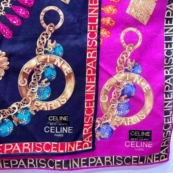 2 New Large Celine Paris Handker/Mini Scarf 20"Cotton Pink Black Gold Chain(51 - Picture 16 of 16